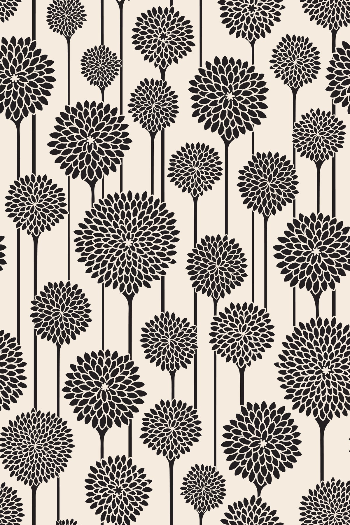 Garden Beauties Vintage Retro Scandi Floral Botanical Stripe Black and White Wallpaper⁠ in your room — zoomed