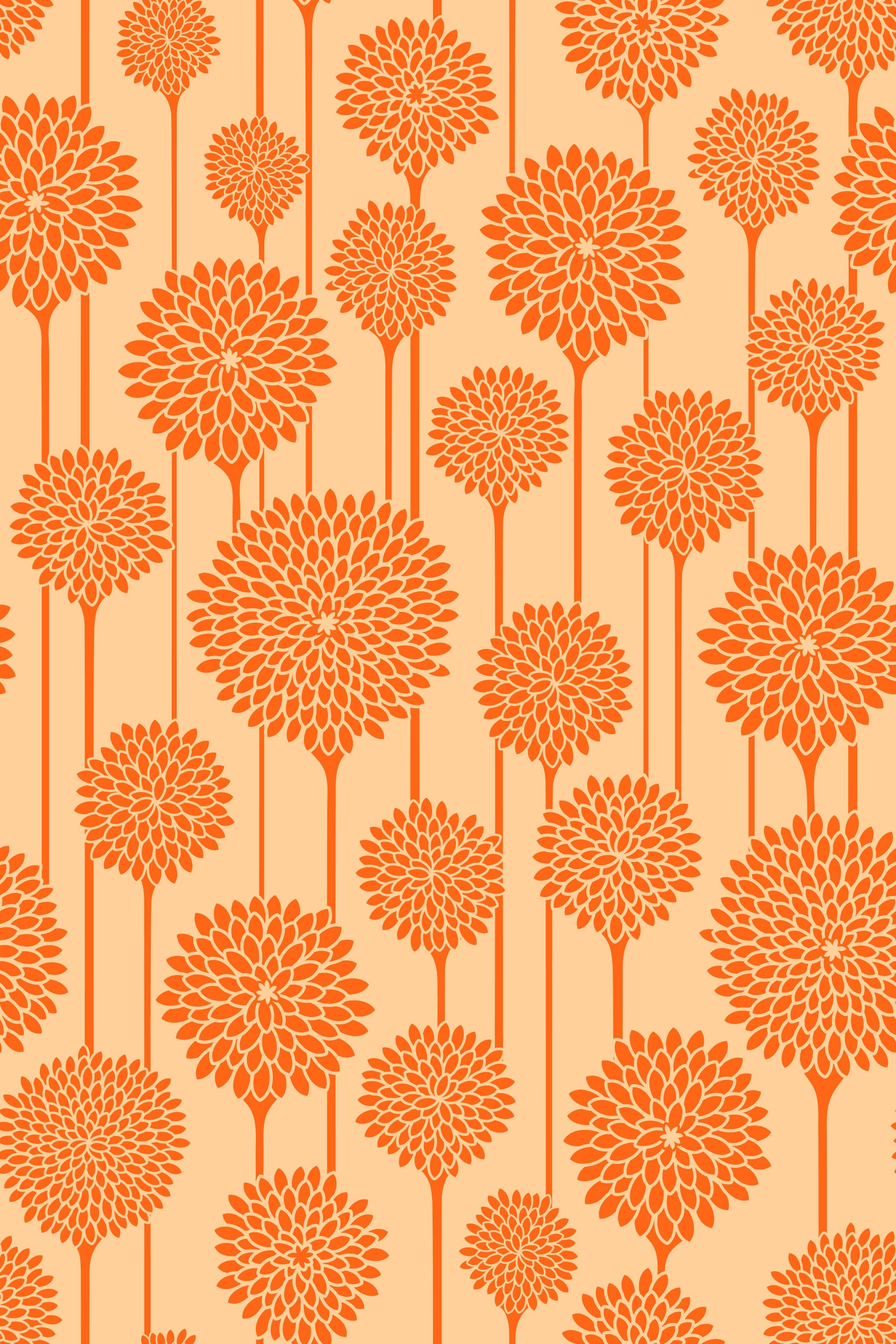 Garden Beauties Vintage Retro Scandi Floral Botanical Stripe Cottage Orange Peach Wallpaper⁠ in your room — zoomed