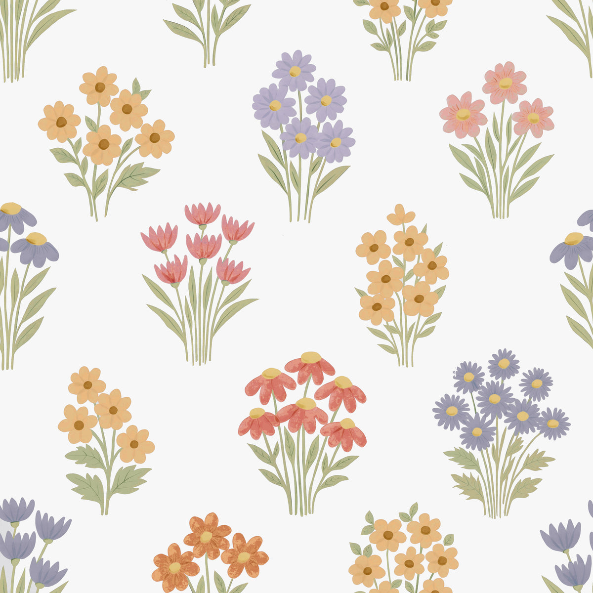 Delicate Hand-Drawn Pastel Floral Meadow Wildflowers Wallpaper⁠ in your room