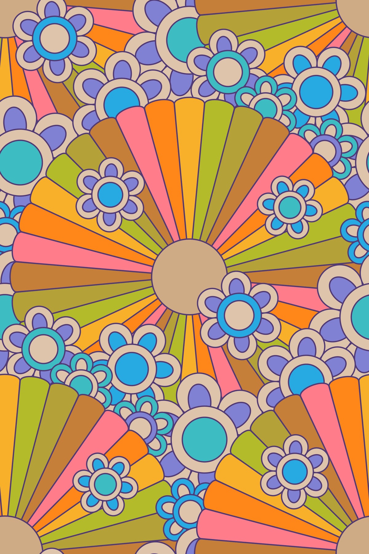 Far Out Flowers Retro Psychedelic 1970s Floral Sunburst Groovy Rainbow Colors Wallpaper⁠ in your room — zoomed