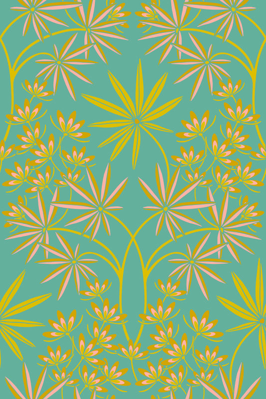 Glamour Floral Damask Maximalist Yellow Turquoise Wallpaper⁠