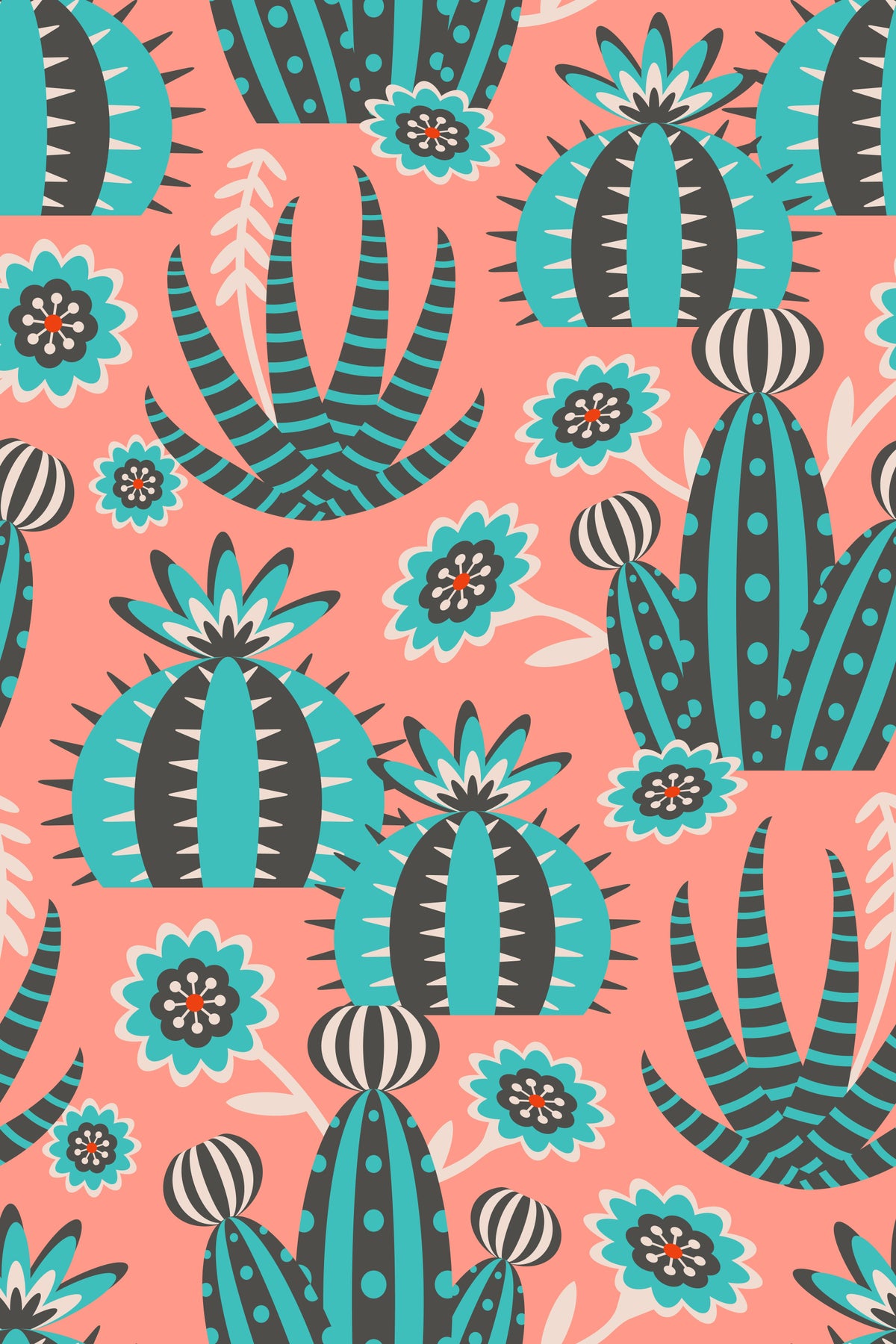Desert Garden Retro Cactus Agave Succulents Turquoise Blush Pink Wallpaper⁠ in your room — zoomed