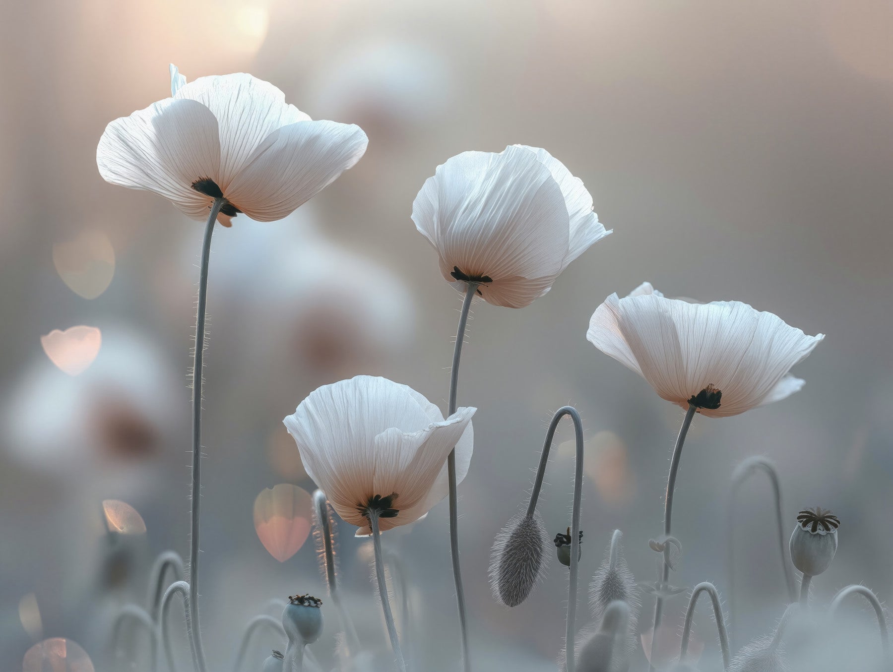 Whimsical White Poppies Wall Mural