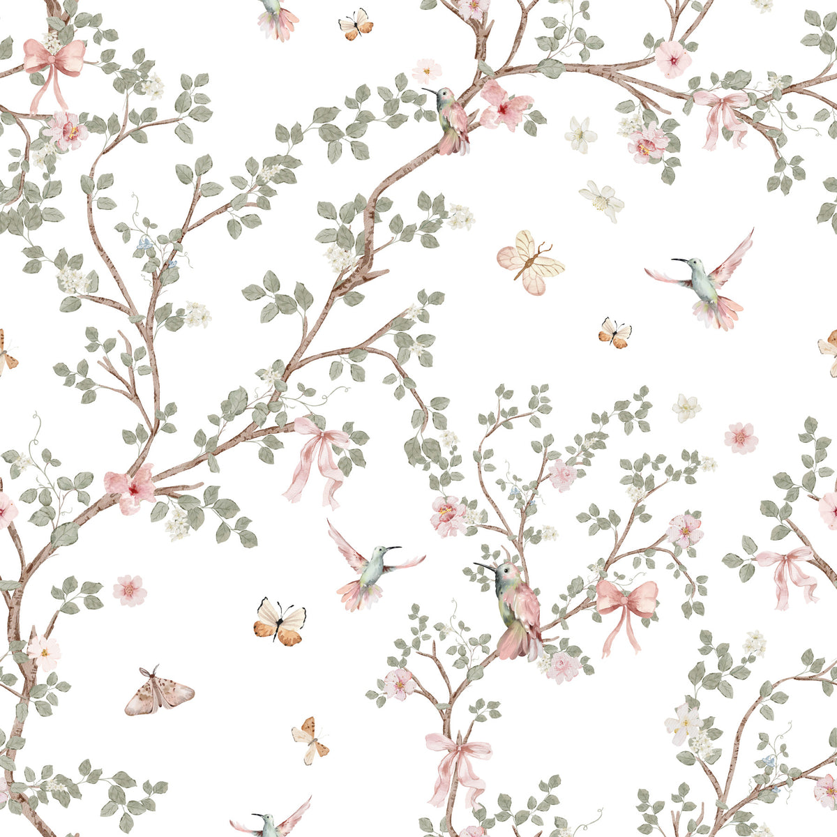 Floral Whispers Hummingbirds Chinoiserie Garden Wallpaper⁠ in your room — zoomed