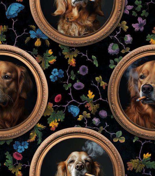 Smoking Golden Retriever in Gold Frames Wallpaper⁠