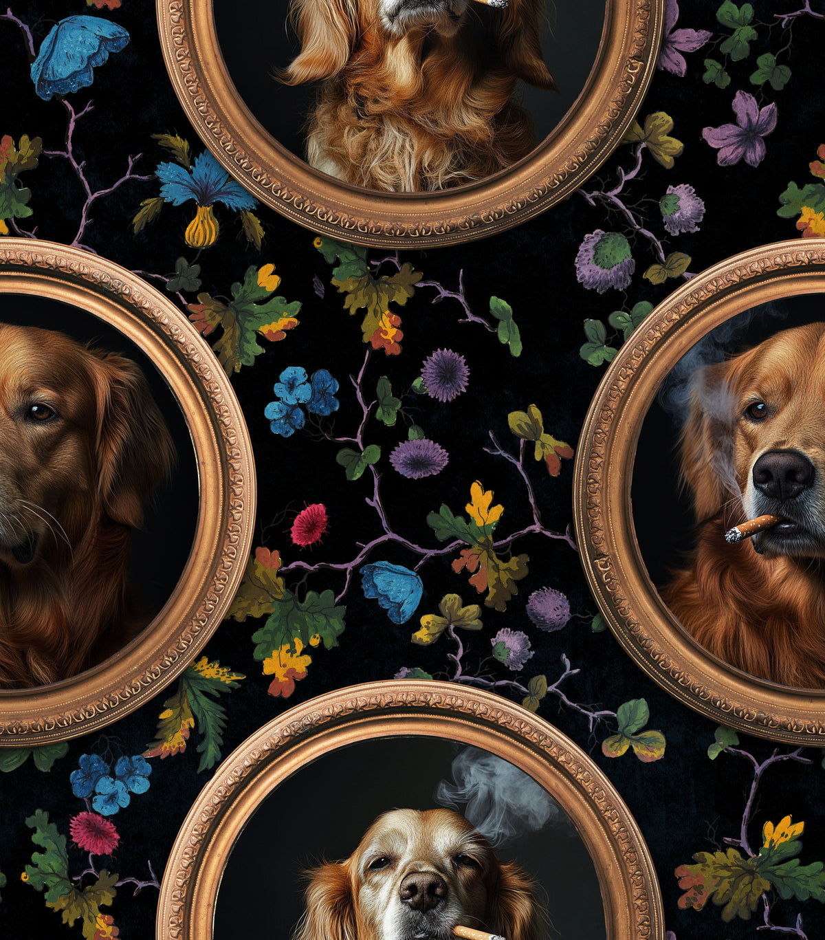 Smoking Golden Retriever in Gold Frames Wallpaper⁠ in your room