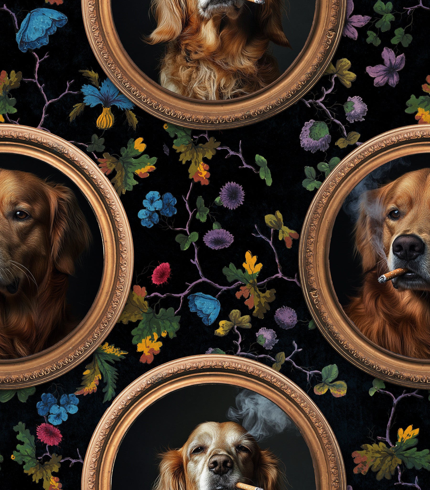 Smoking Golden Retriever in Gold Frames Wallpaper⁠