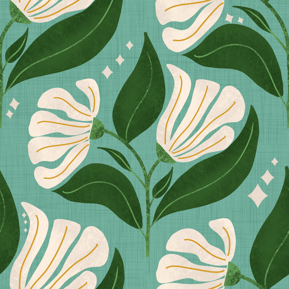 Retro 70s Cream Florals on Avocado Retro Blue - Bold Vintage Flowers Wallpaper⁠ in your room