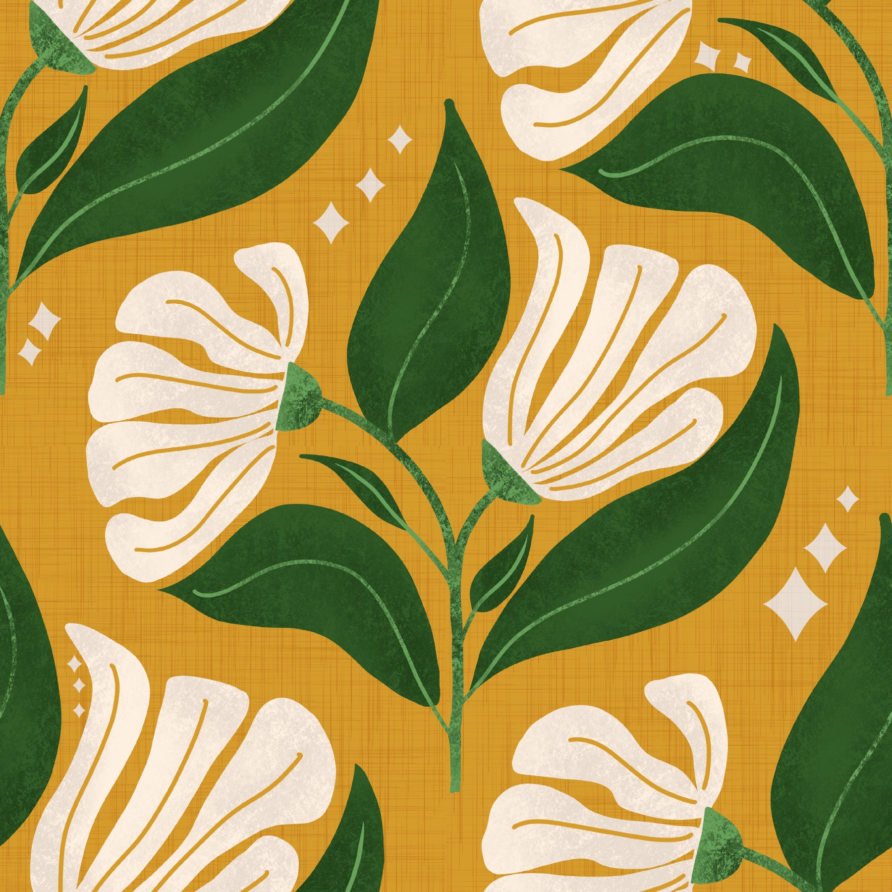 Retro 70s Cream Florals on Avocado Yellow - Bold Vintage Flowers Wallpaper⁠