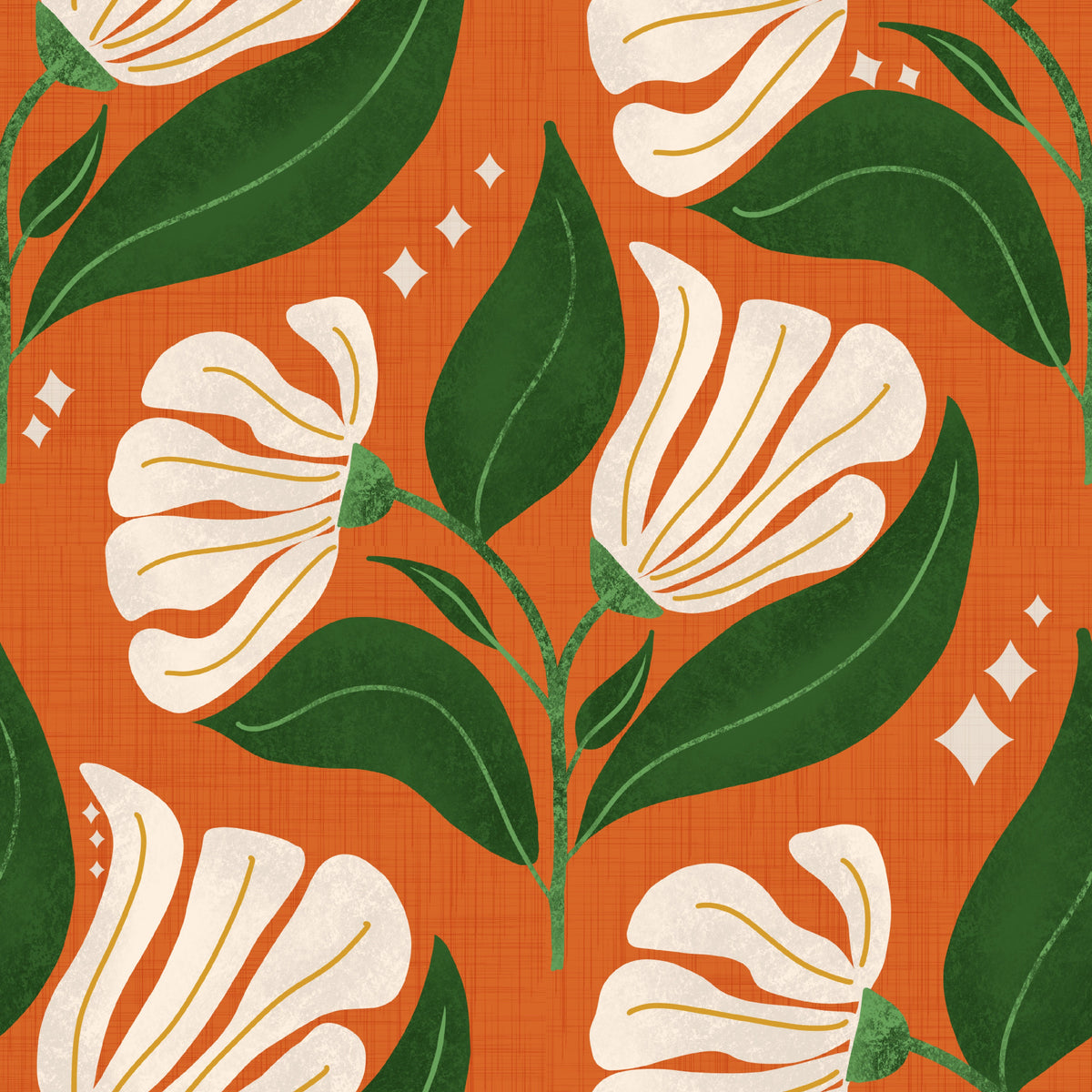 Retro 70s Cream Florals on Avocado Orange - Bold Vintage Flowers Wallpaper⁠ in your room