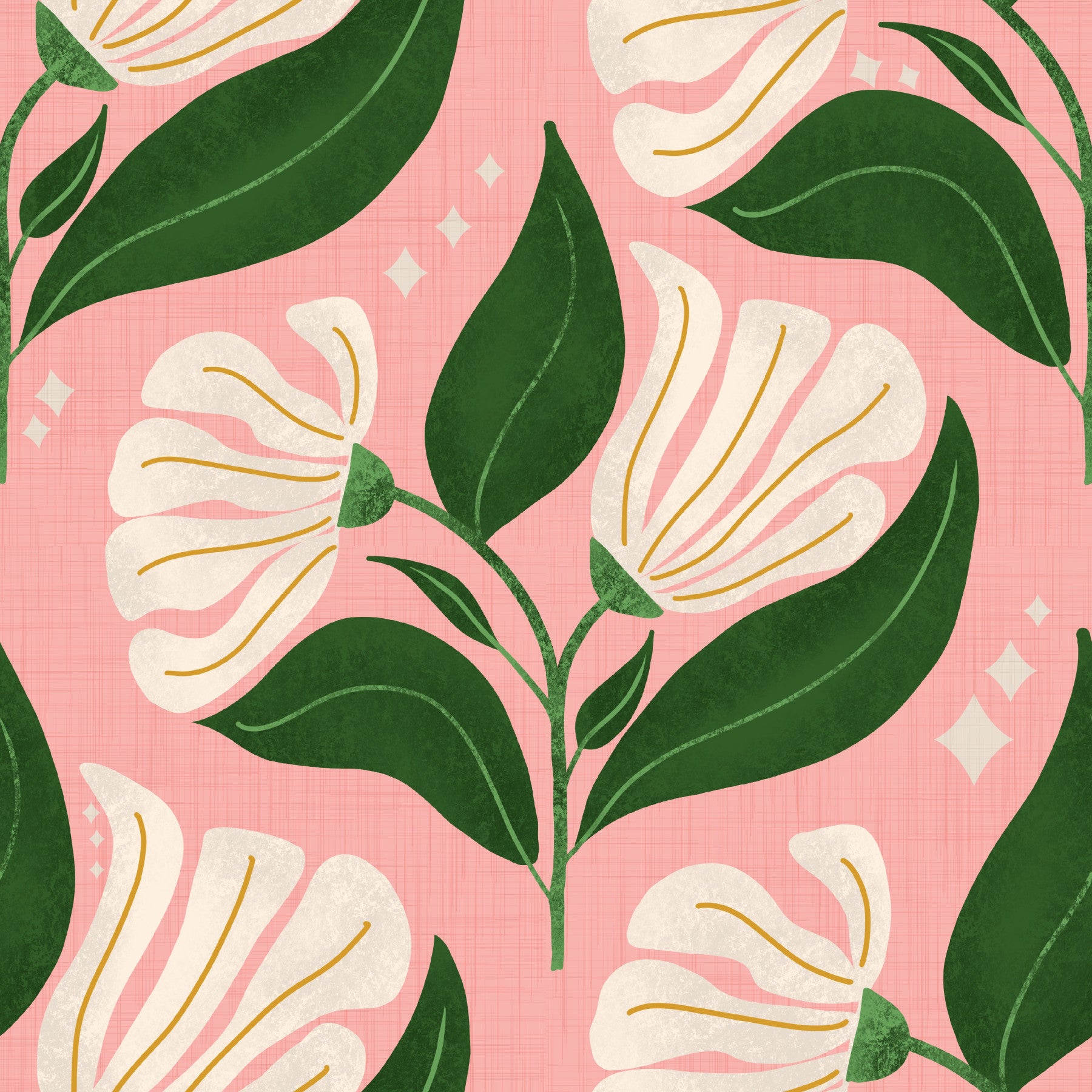 A bold, retro-themed floral wallpaper pattern.

