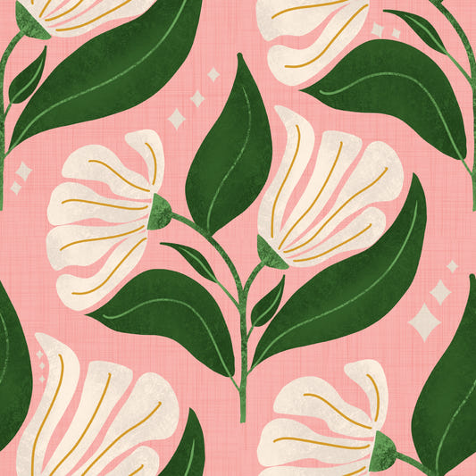 Retro 70s Cream Florals on Avocado Pink - Bold Vintage Flowers Wallpaper⁠