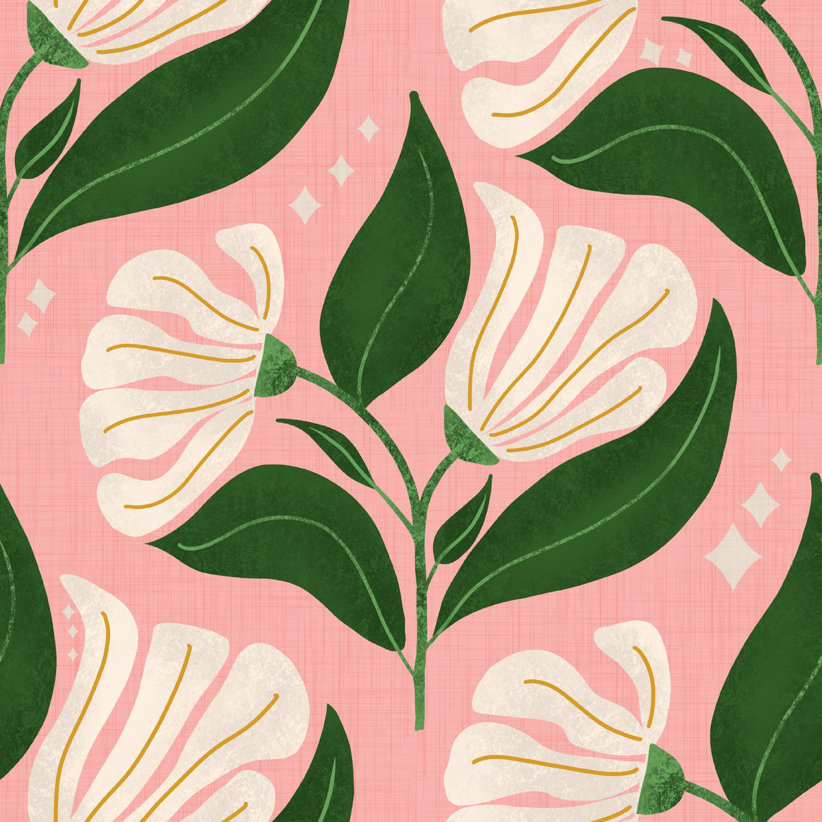 Retro 70s Cream Florals on Avocado Pink - Bold Vintage Flowers Wallpaper⁠