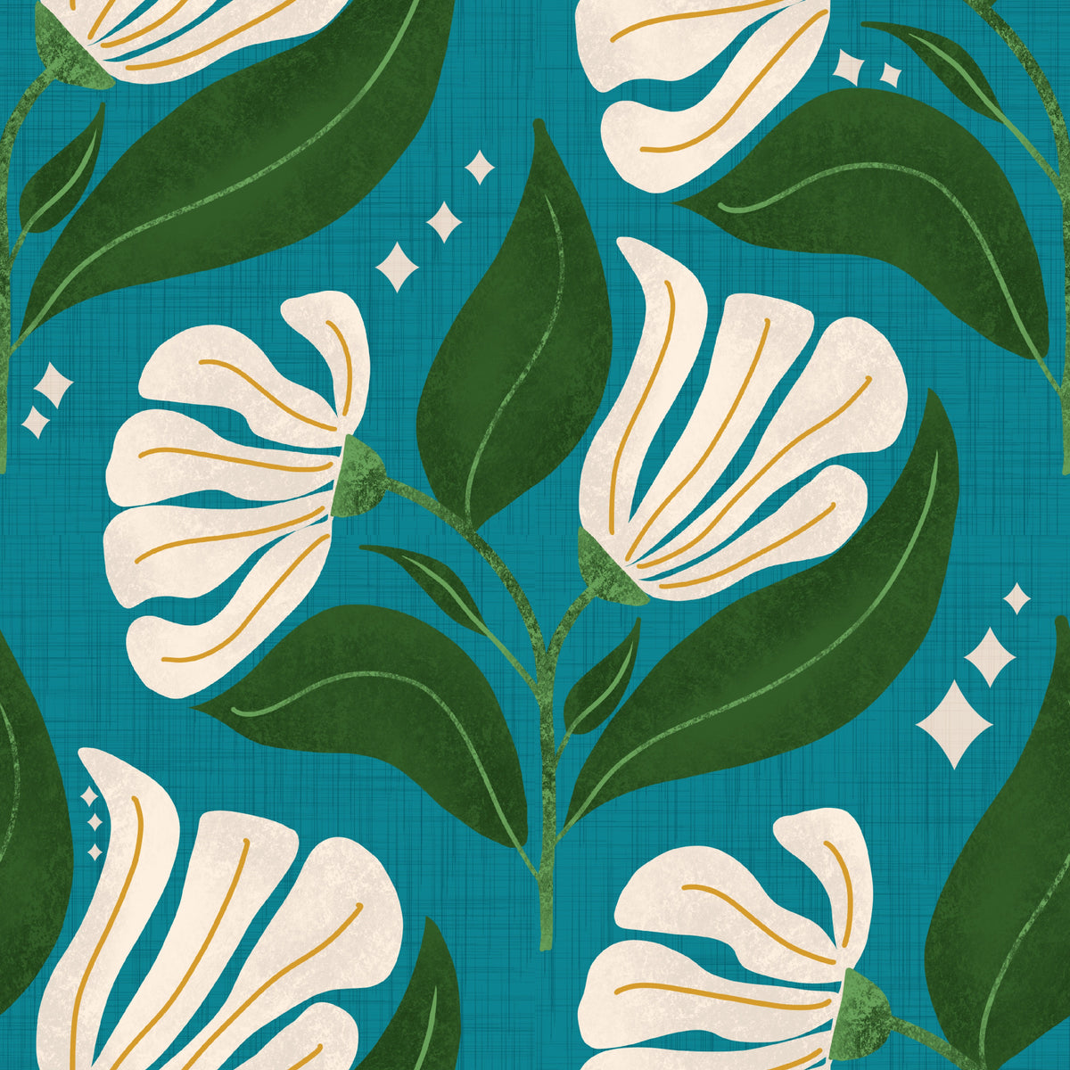 Retro 70s Cream Florals on Avocado Teal - Bold Vintage Flowers Wallpaper⁠ in your room — zoomed