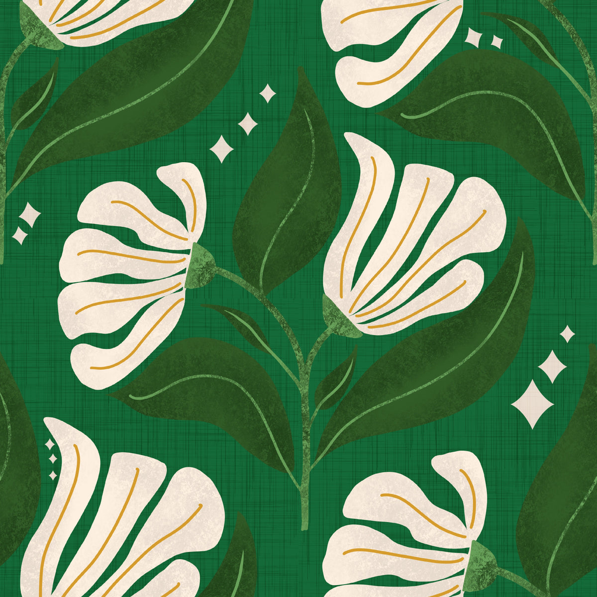 Retro 70s Cream Florals on Avocado Deep Green - Bold Vintage Flowers in your room