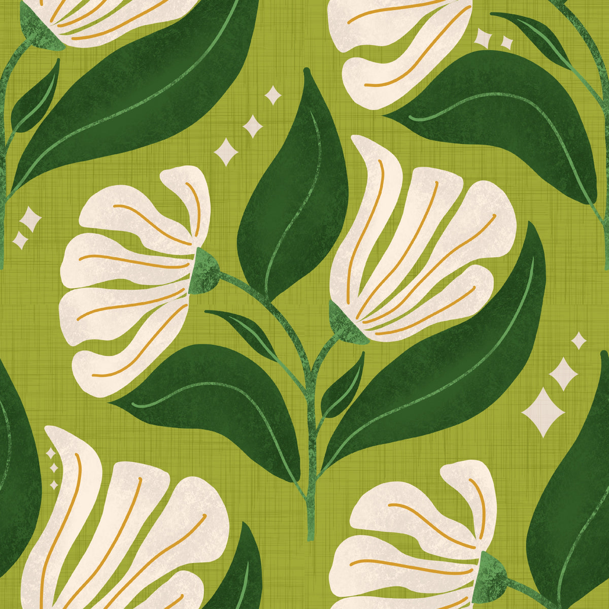 Retro 70s Cream Florals on Avocado Green - Bold Vintage Flowers Wallpaper⁠