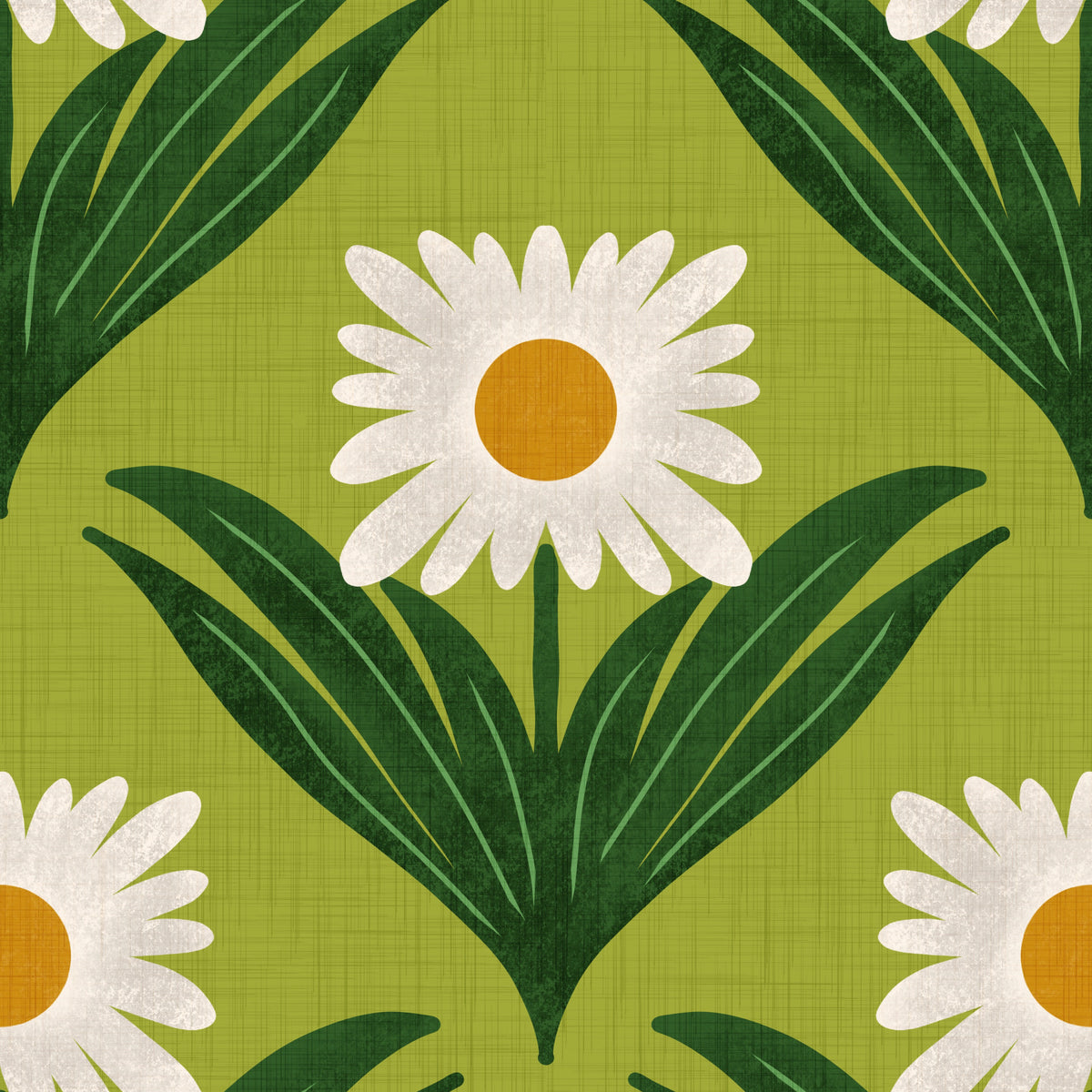 Retro 70s Daisy Floral on Avocado Green - Mod Flower Wallpaper⁠ in your room