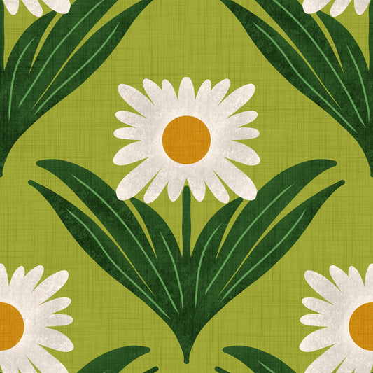 Retro 70s Daisy Floral on Avocado Green - Mod Flower Wallpaper⁠