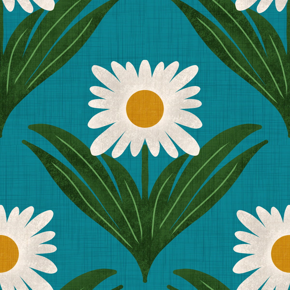 Retro 70s Daisy Floral on Teal - Mod Flower Wallpaper in your room — zoomed