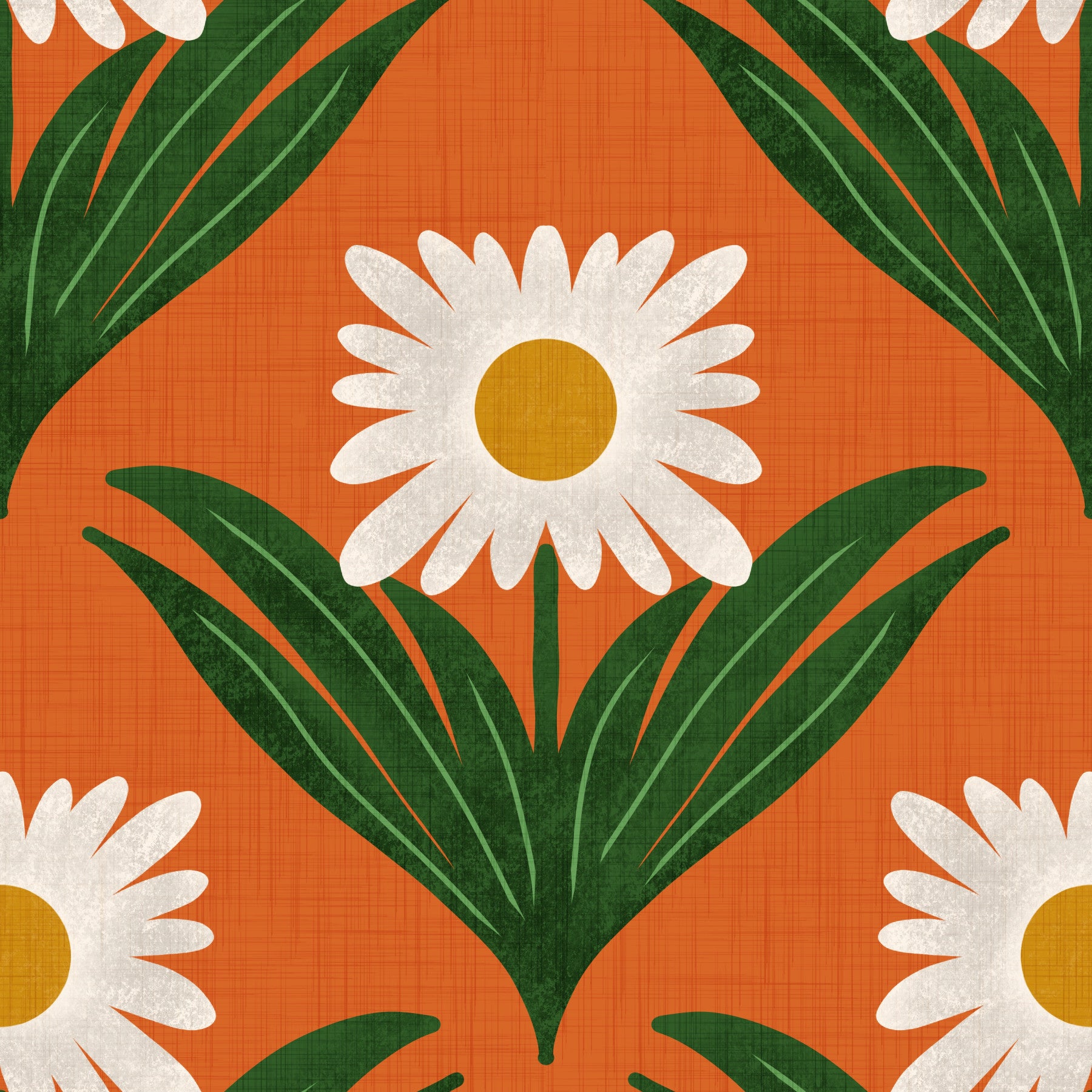 Retro 70s Daisy Floral on Orange - Mod Flower Wallpaper⁠⁠ in your room — zoomed