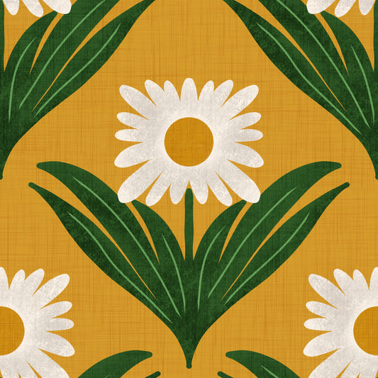 Retro 70s Daisy Floral on Yellow - Mod Flower Wallpaper⁠