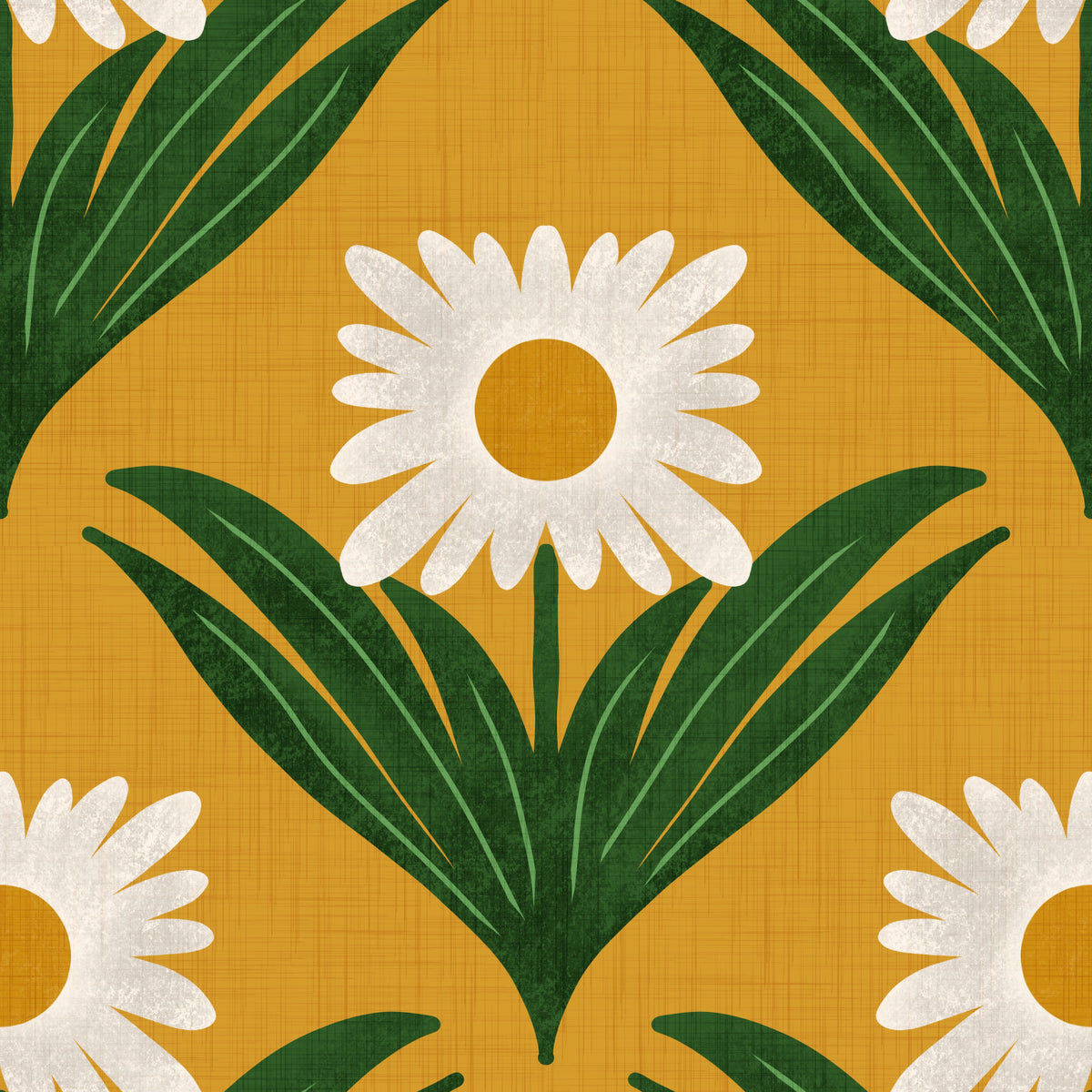 Retro 70s Daisy Floral on Yellow - Mod Flower Wallpaper⁠ in your room — zoomed