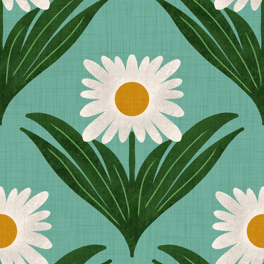 Retro 70s Daisy Floral on Retro Blue - Mod Flower Wallpaper⁠