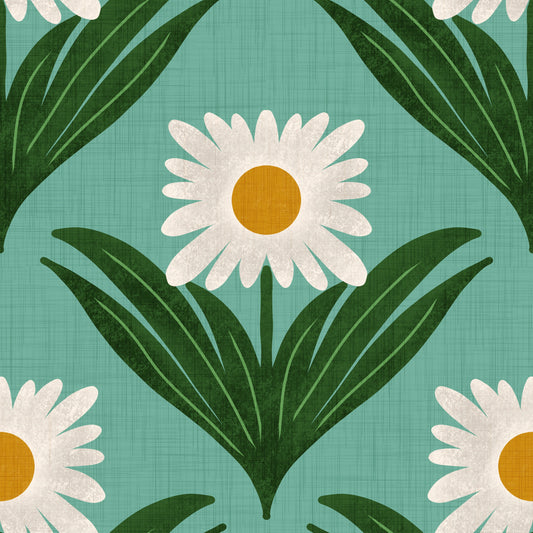 Retro 70s Daisy Floral on Retro Blue - Mod Flower Wallpaper⁠