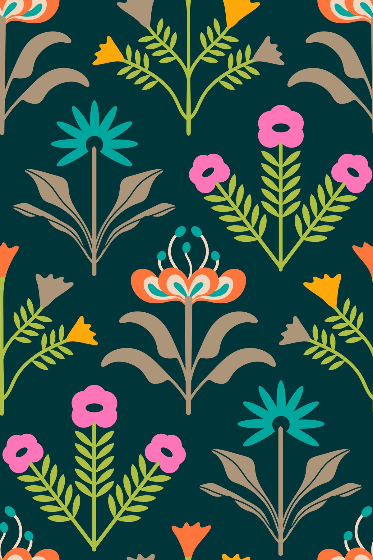 Lora Mid Century Modern Scandi Retro Floral Rainbow Brights Dark Green Wallpaper⁠