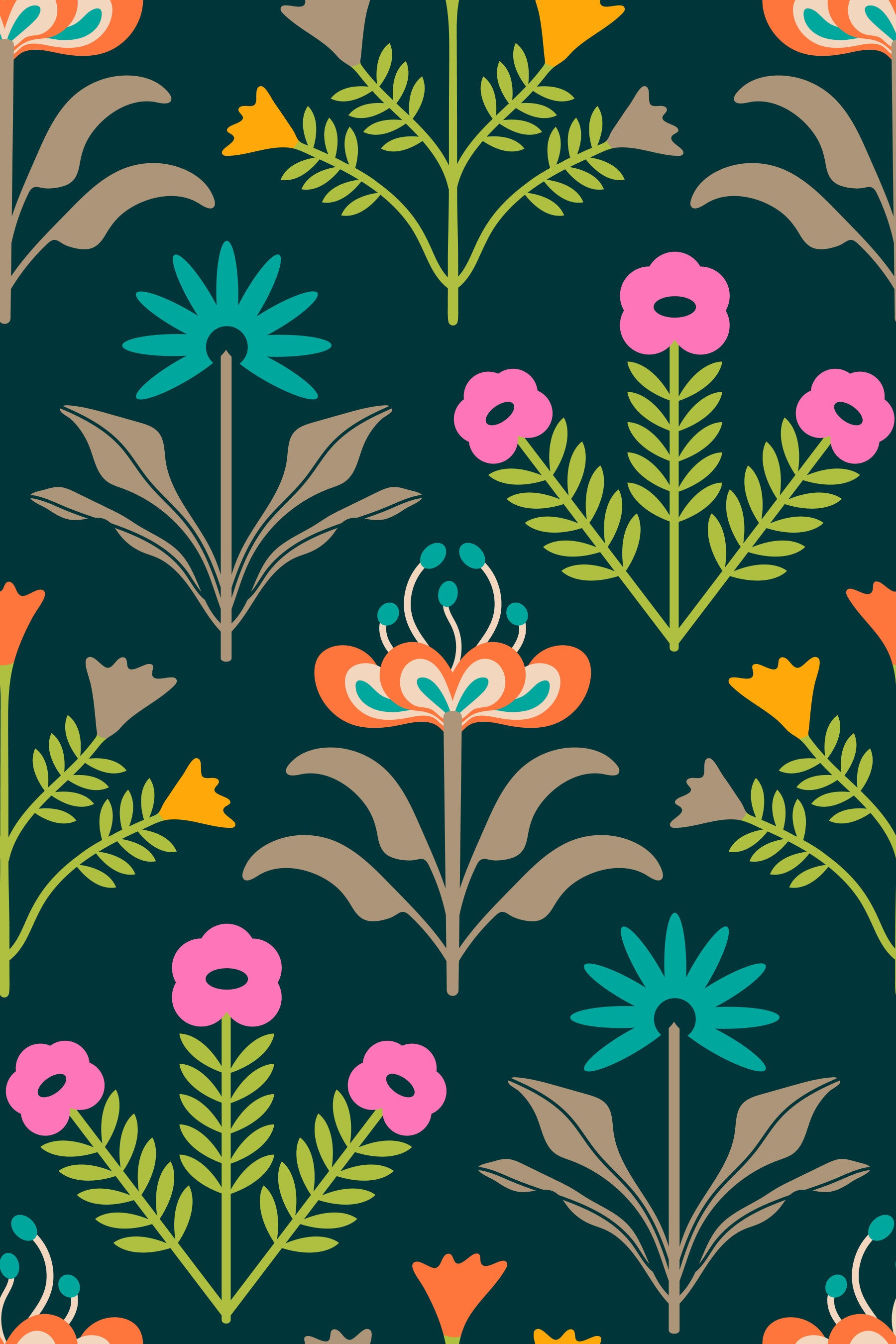 Lora Mid Century Modern Scandi Retro Floral Rainbow Brights Dark Green Wallpaper⁠ in your room — zoomed