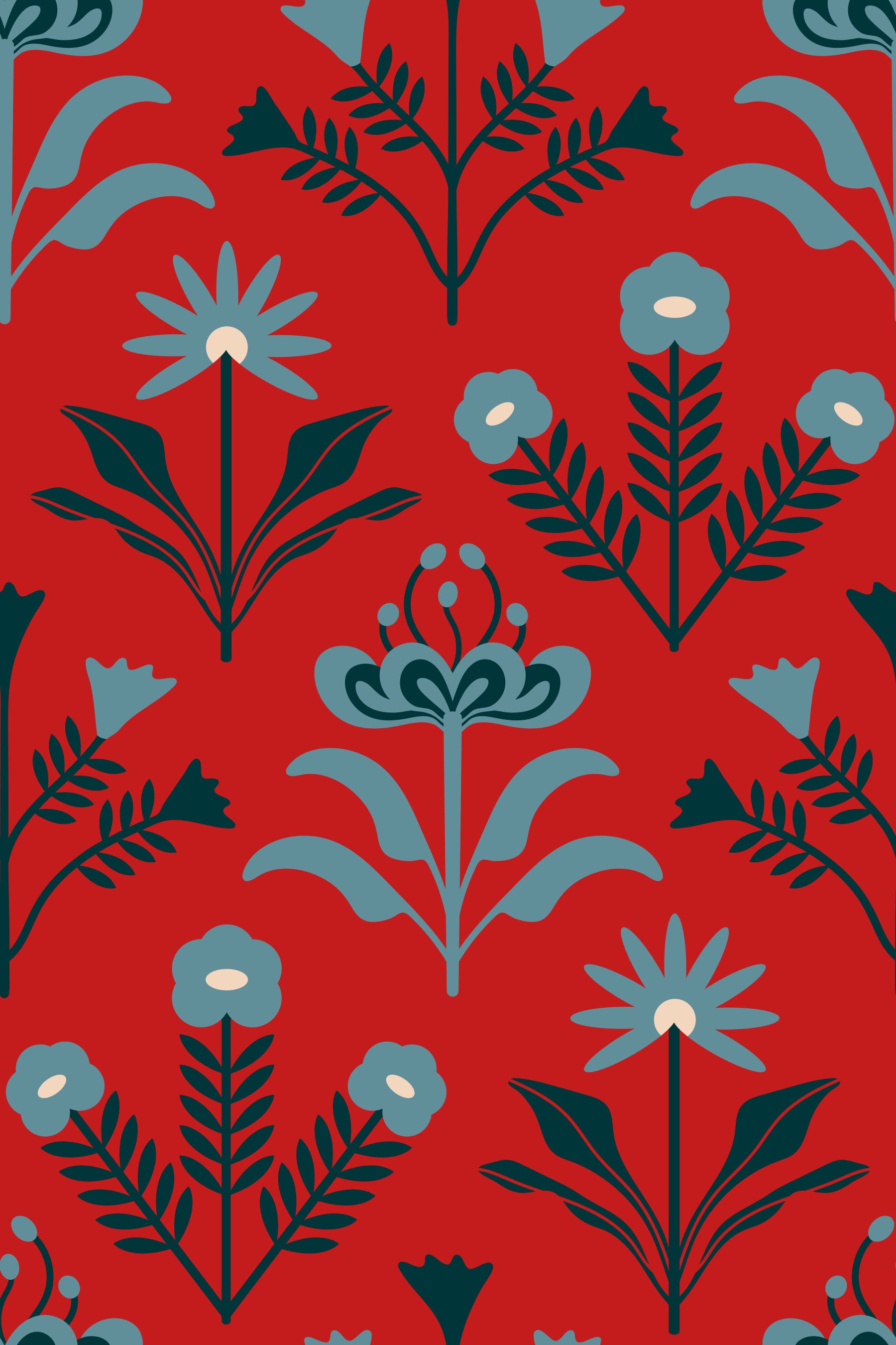 Lora Mid Century Modern Scandi Retro Floral Blue Navy Indigo White Dark Red Wallpaper⁠