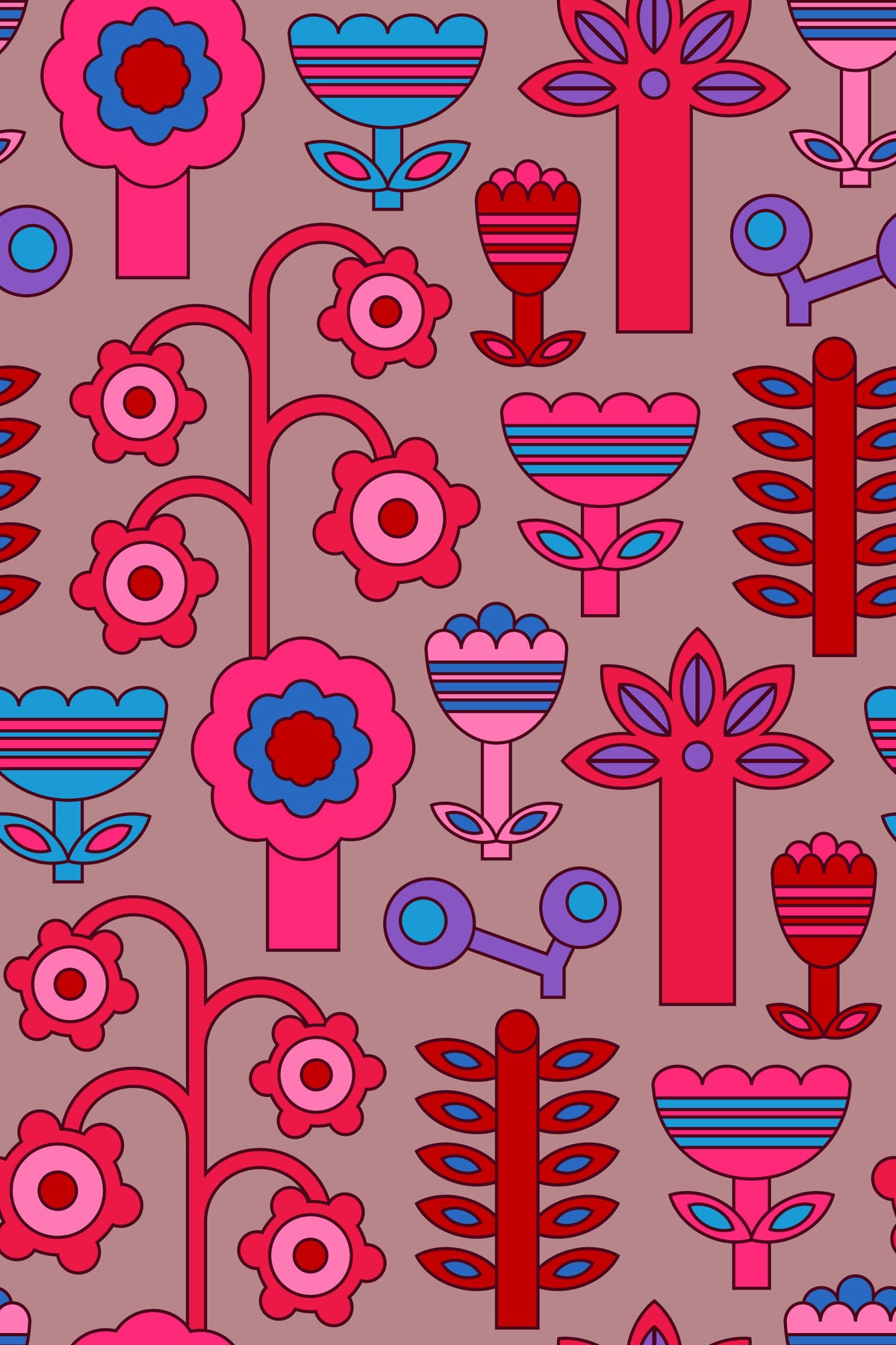 Magic Garden Retro Scandi Flowers Geometric Floral Cherry Red Pink Wallpaper⁠ in your room