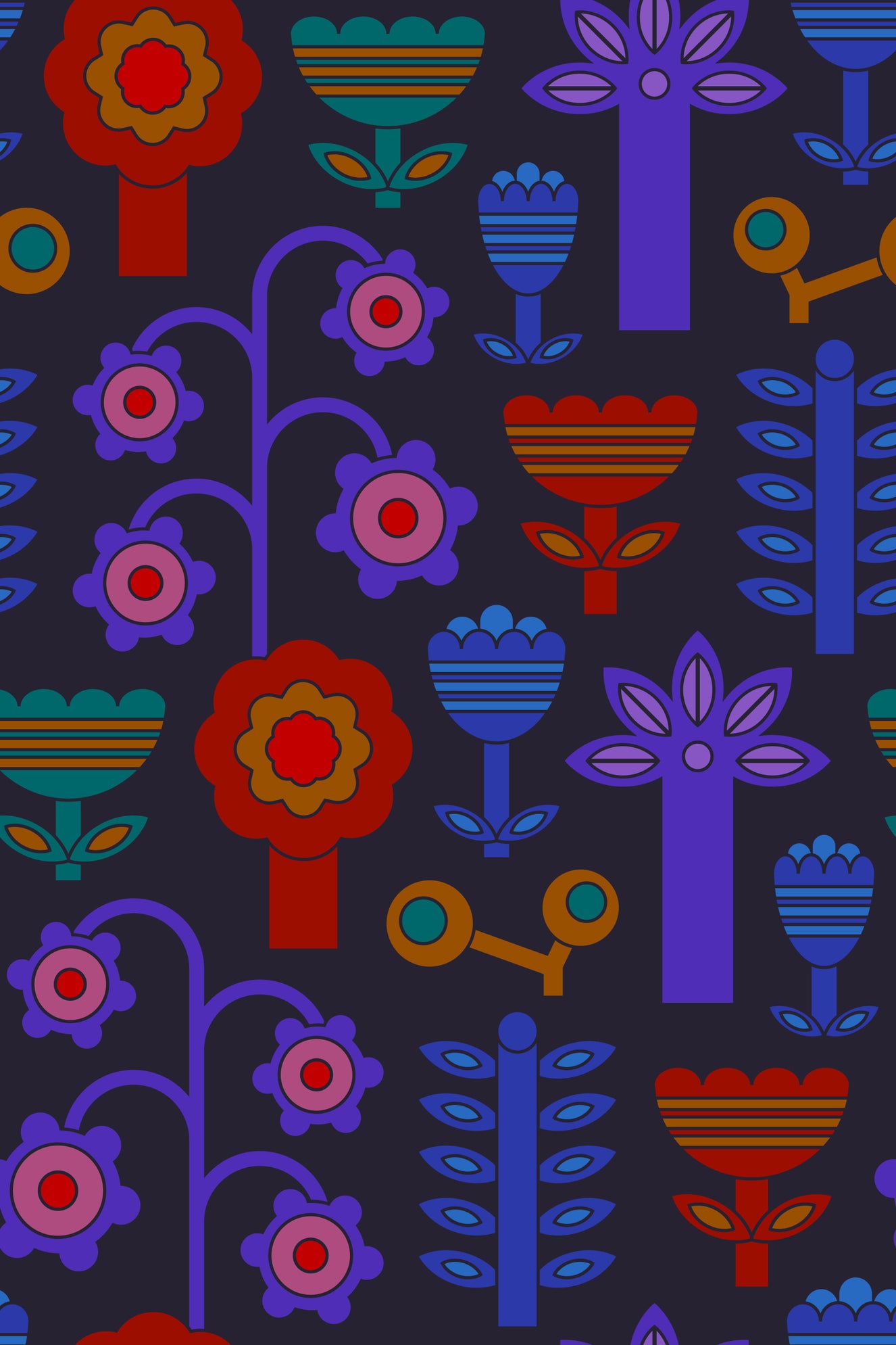 Magic Garden Retro Scandi Flowers Geometric Floral Jewel Brights Dark Wallpaper⁠