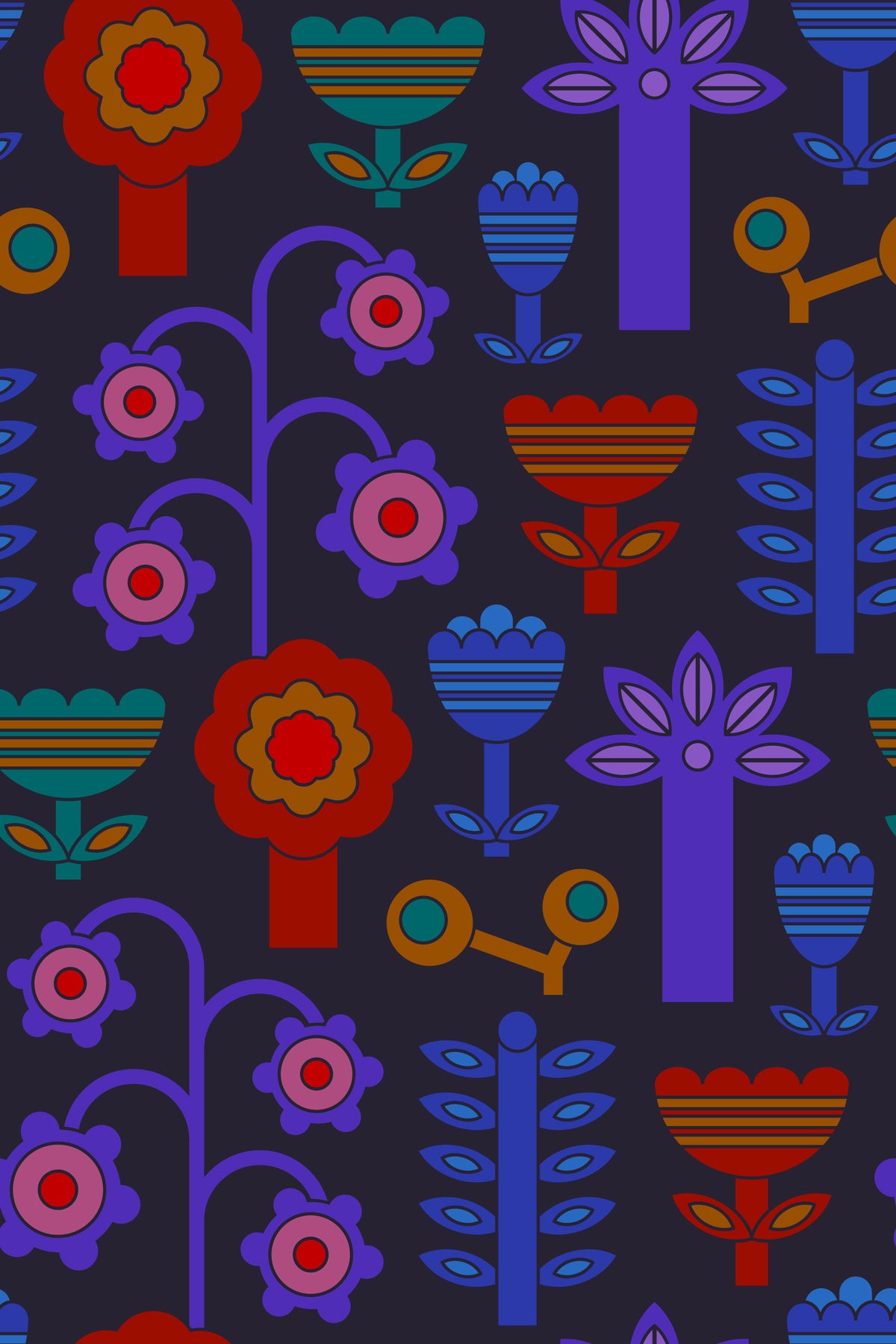 Magic Garden Retro Scandi Flowers Geometric Floral Jewel Brights Dark Wallpaper⁠ in your room