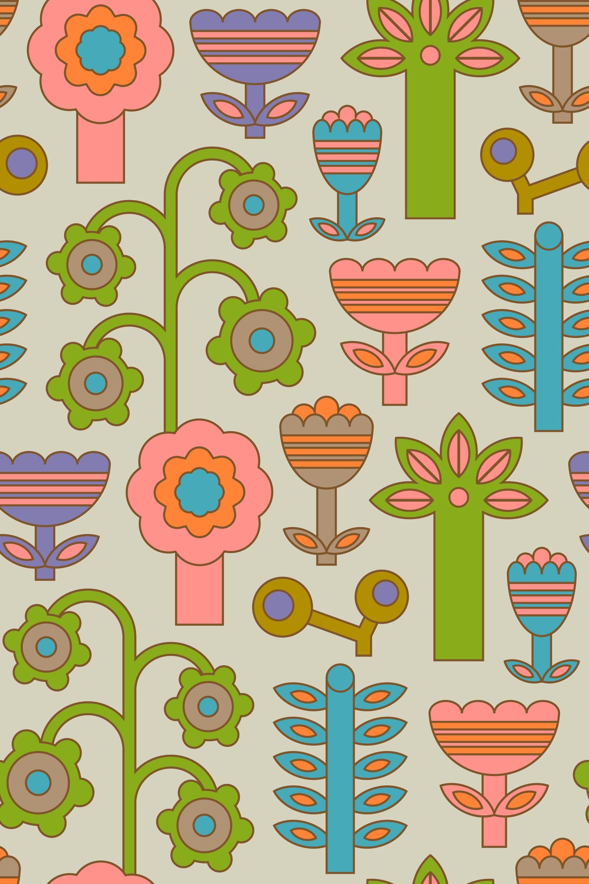 Magic Garden Retro Scandi Flowers Geometric Floral Warm Pastels Cream Wallpaper⁠ in your room