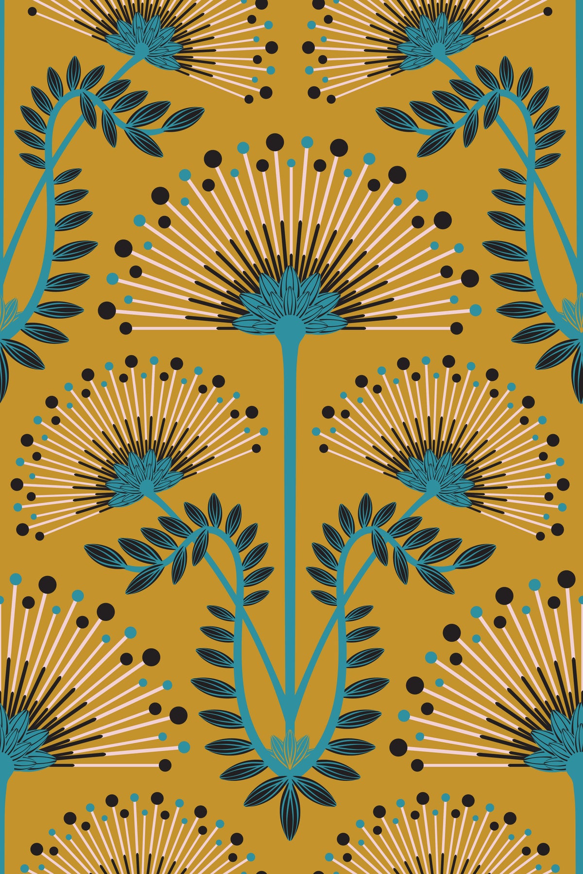 Mimosa Art Deco Floral Botanical Damask Blue Black Mustard Yellow Wallpaper⁠ in your room — zoomed