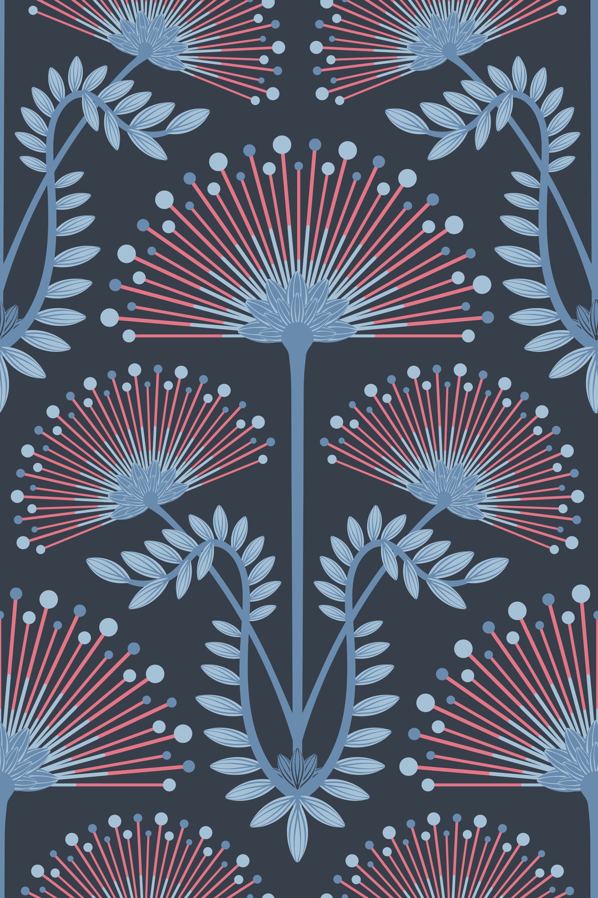 Mimosa Art Deco Floral Botanical Damask Red Powder Blue Navy Wallpaper⁠ in your room — zoomed