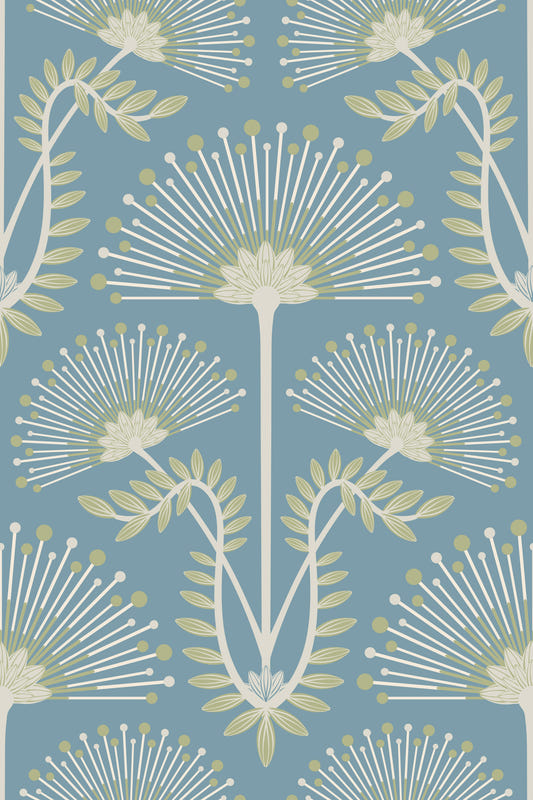 Mimosa Art Deco Floral Botanical Damask Sage Green White Light Blue Wallpaper⁠