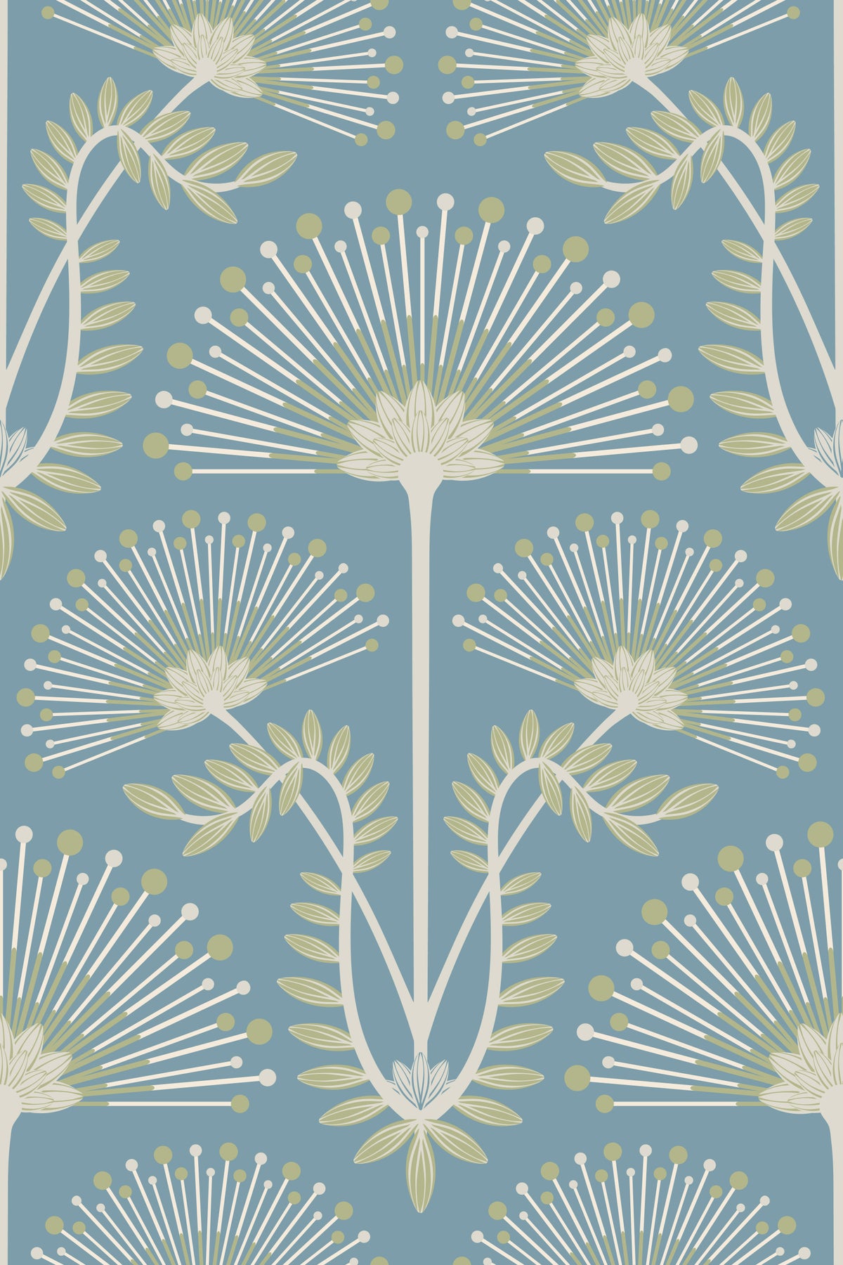 Mimosa Art Deco Floral Botanical Damask Sage Green White Light Blue Wallpaper⁠ in your room