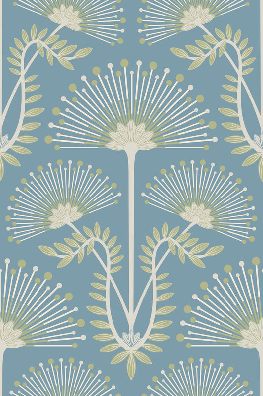 Mimosa Art Deco Floral Botanical Damask Sage Green White Light Blue Wallpaper⁠