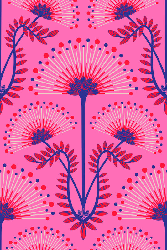 Mimosa Art Deco Floral Botanical Damask Pink Red Blue Fuchsia Wallpaper⁠