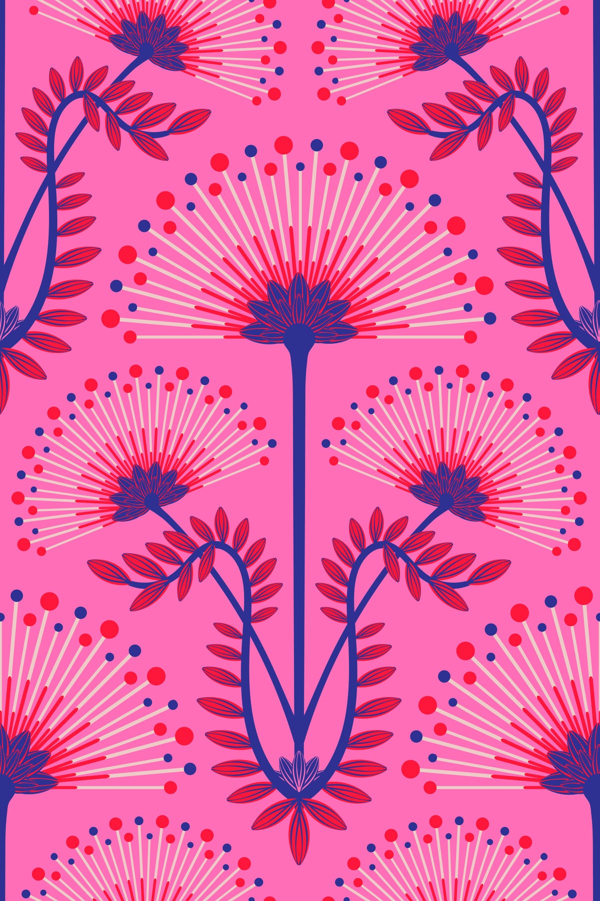 Mimosa Art Deco Floral Botanical Damask Pink Red Blue Fuchsia Wallpaper⁠ in your room — zoomed