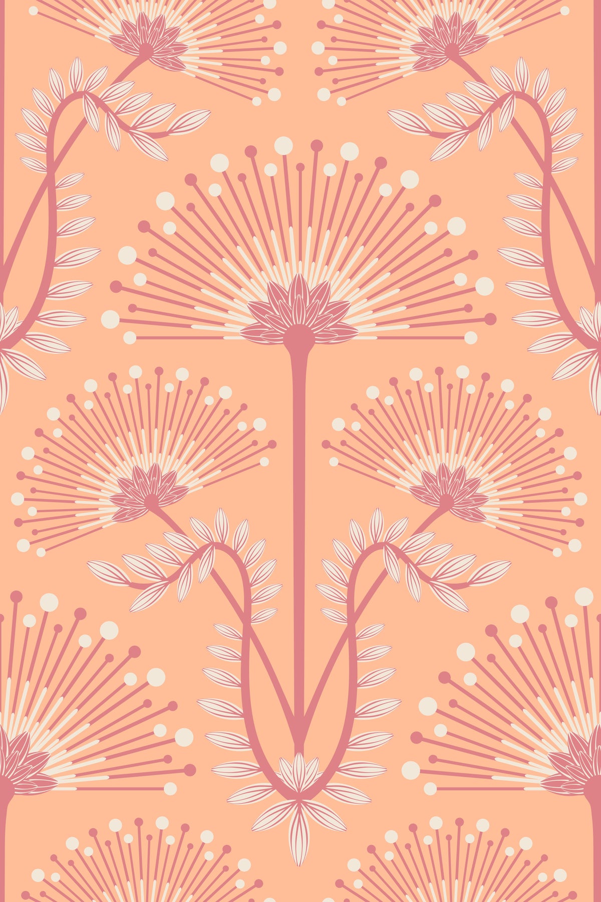Mimosa Art Deco Floral Botanical Damask Pastel Peach Fuzz Orange Wallpaper⁠ in your room — zoomed