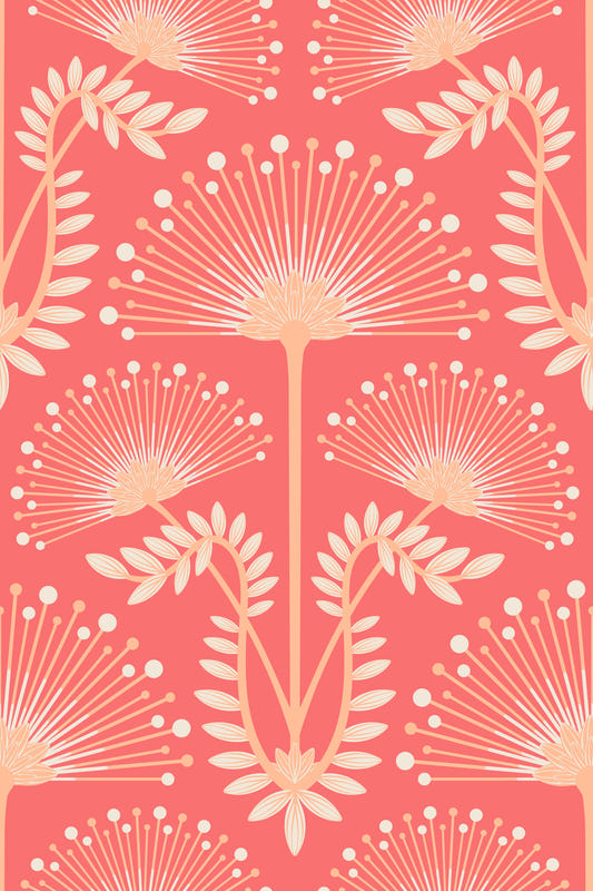 Mimosa Art Deco Floral Botanical Damask Pastel Peach Fuzz Orange Coral Red Wallpaper⁠
