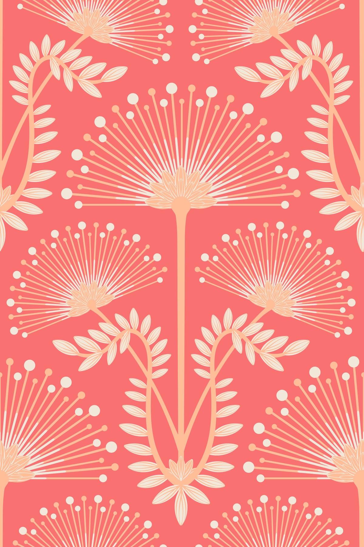 Mimosa Art Deco Floral Botanical Damask Pastel Peach Fuzz Orange Coral Red Wallpaper⁠ in your room — zoomed