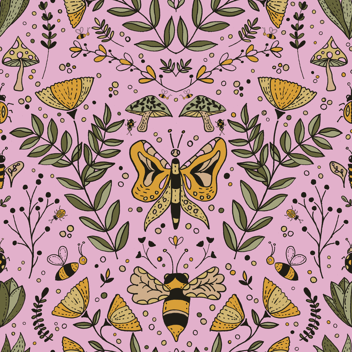 Bees Butterflies and Flowers Pink Wallpaper⁠