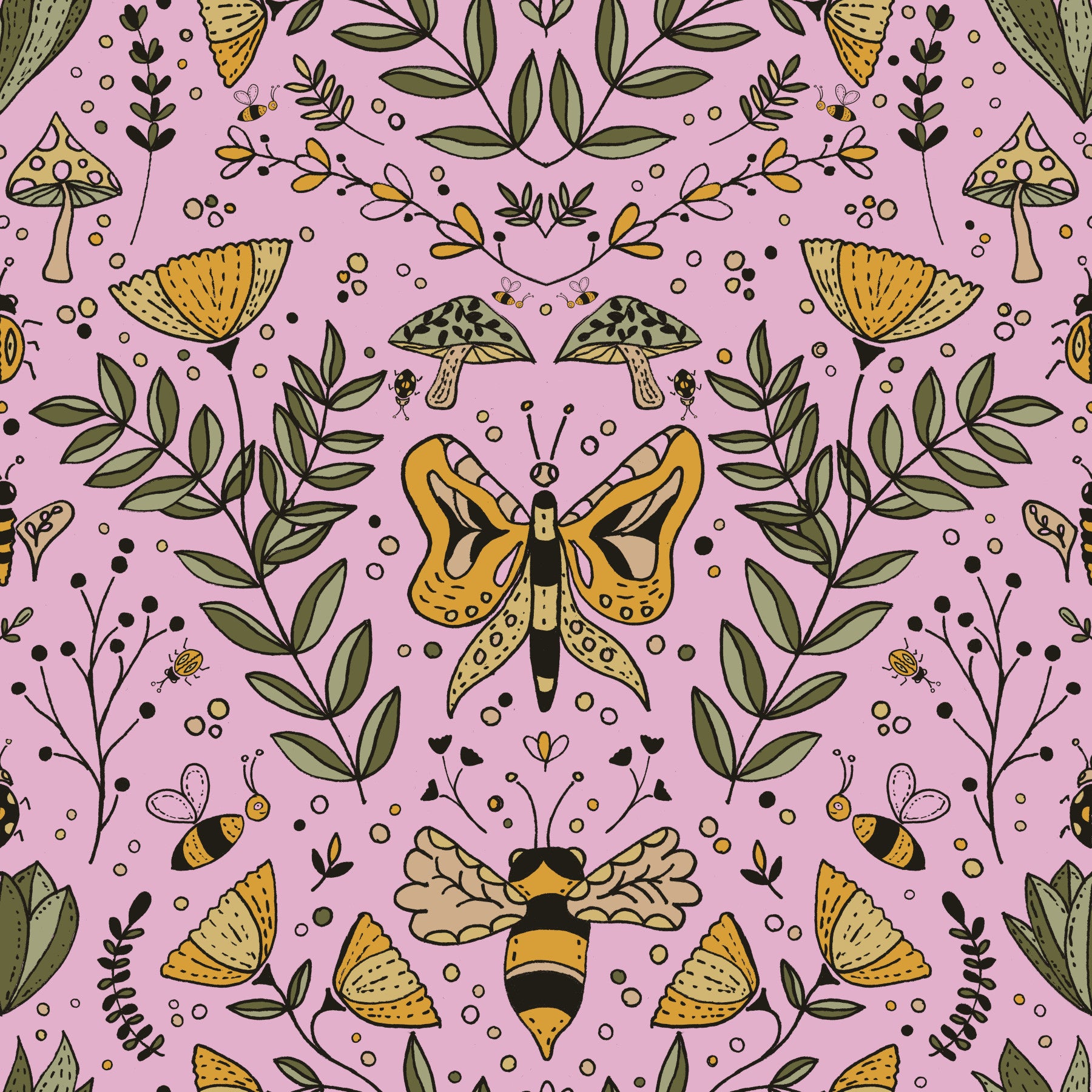 Bees Butterflies and Flowers Pink Wallpaper⁠ in your room — zoomed