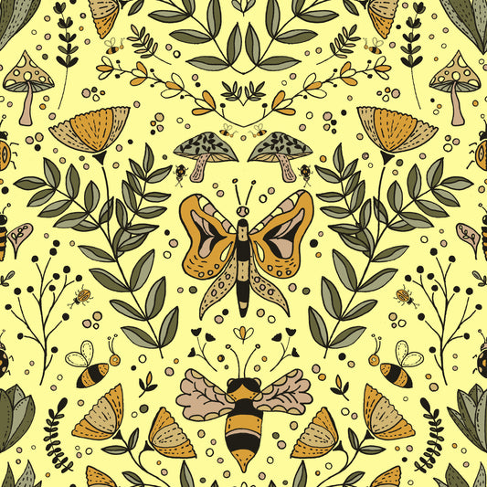 Bees Butterflies and Flowers Yellow Wallpaper⁠