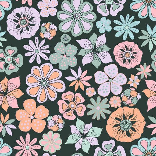 Hand Drawn Garden Flowers Dark Teal Wallpaper⁠