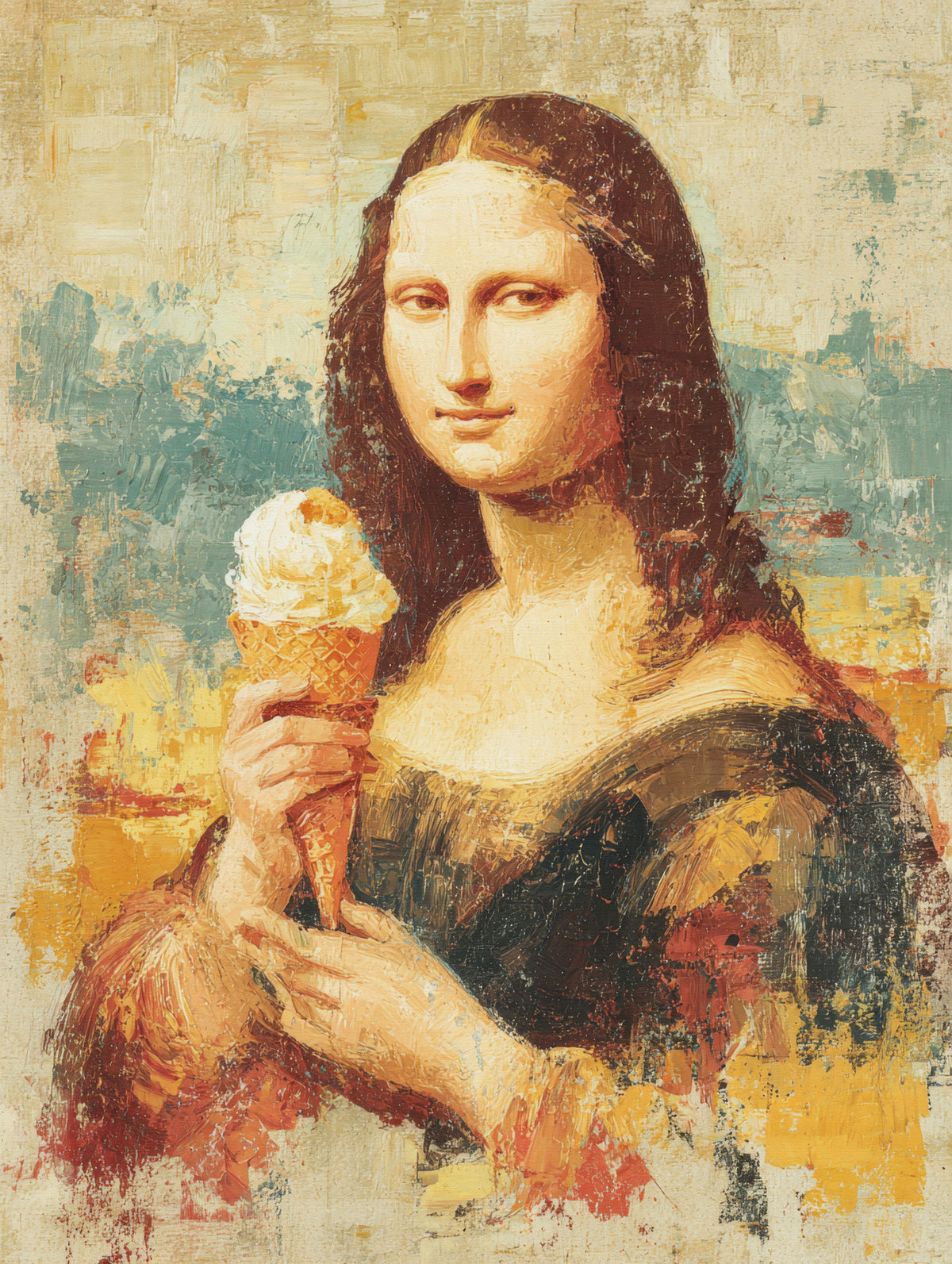 Mona Lisa Enjoying an Ice Cream Cone Wall Mural in your room — zoomed